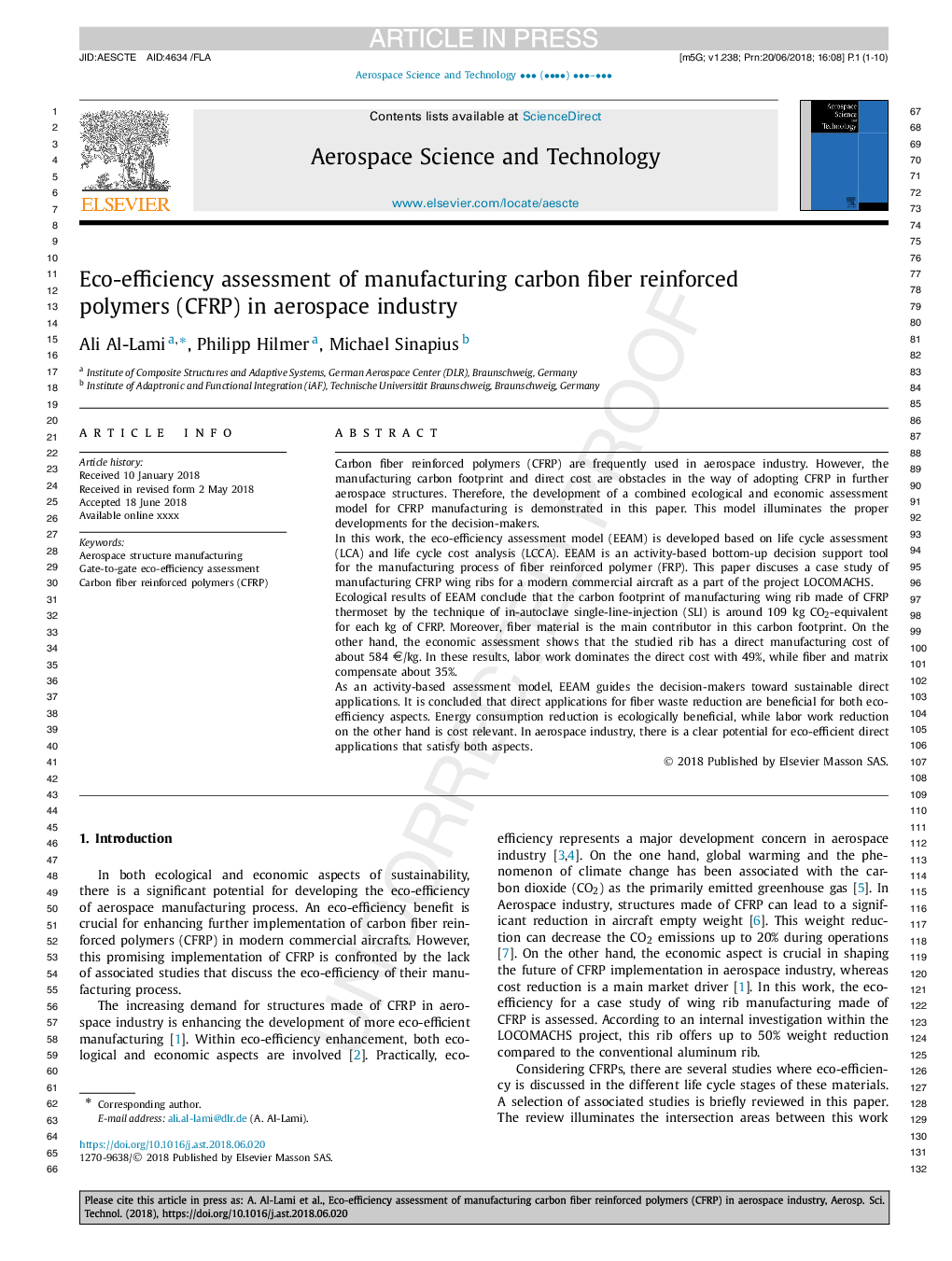 Eco-efficiency assessment of manufacturing carbon fiber reinforced polymers (CFRP) in aerospace industry