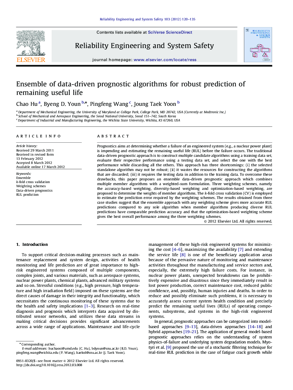 Ensemble of data-driven prognostic algorithms for robust prediction of remaining useful life