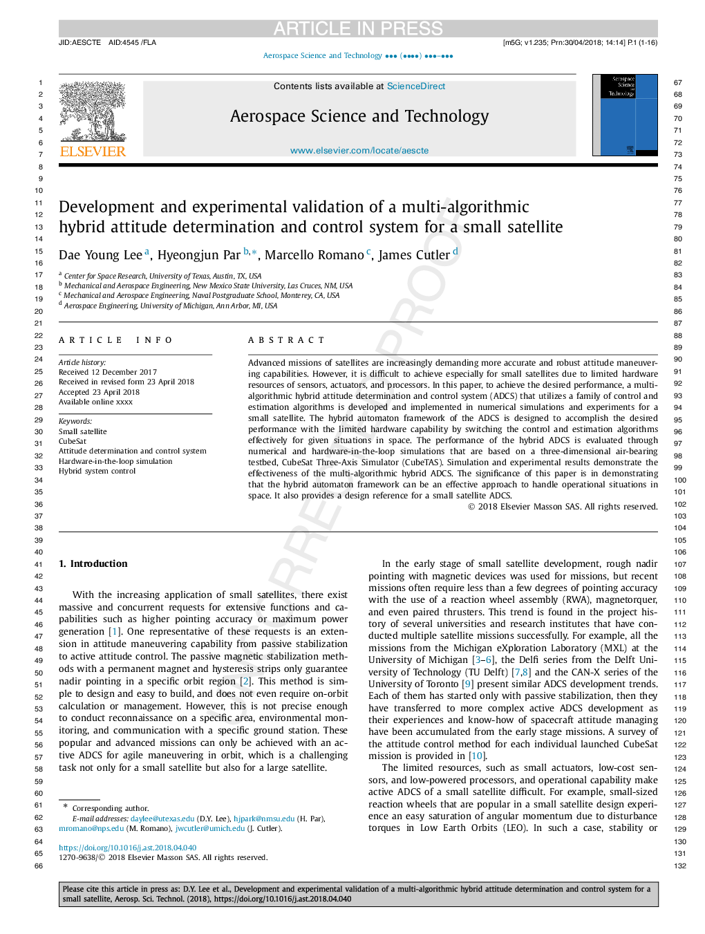 Development and experimental validation of a multi-algorithmic hybrid attitude determination and control system for a small satellite