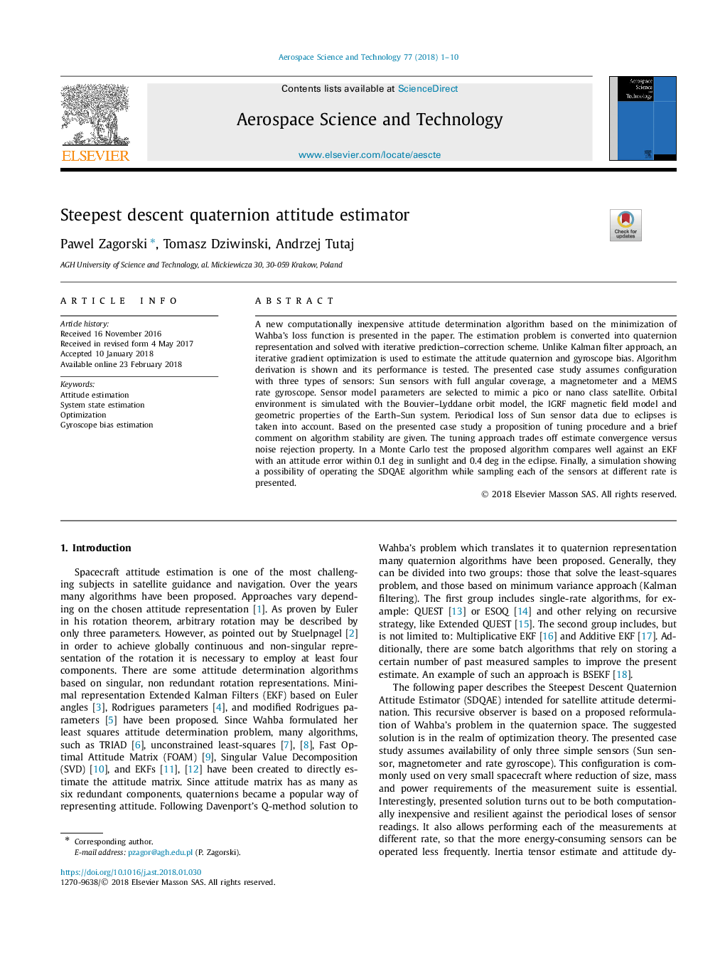 Steepest descent quaternion attitude estimator