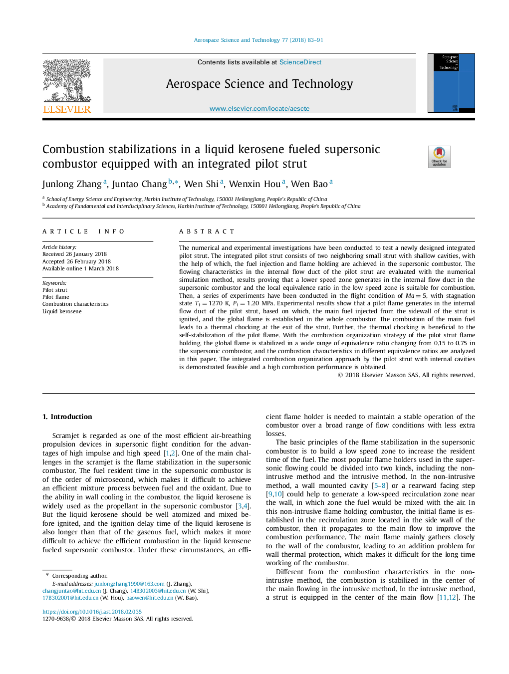 Combustion stabilizations in a liquid kerosene fueled supersonic combustor equipped with an integrated pilot strut