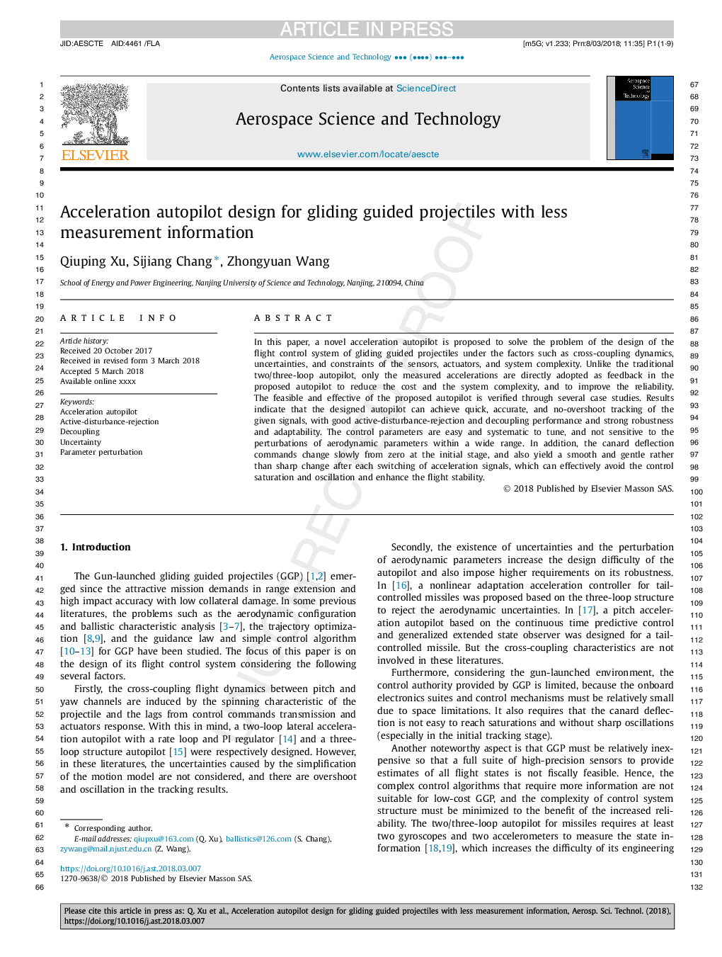 Acceleration autopilot design for gliding guided projectiles with less measurement information