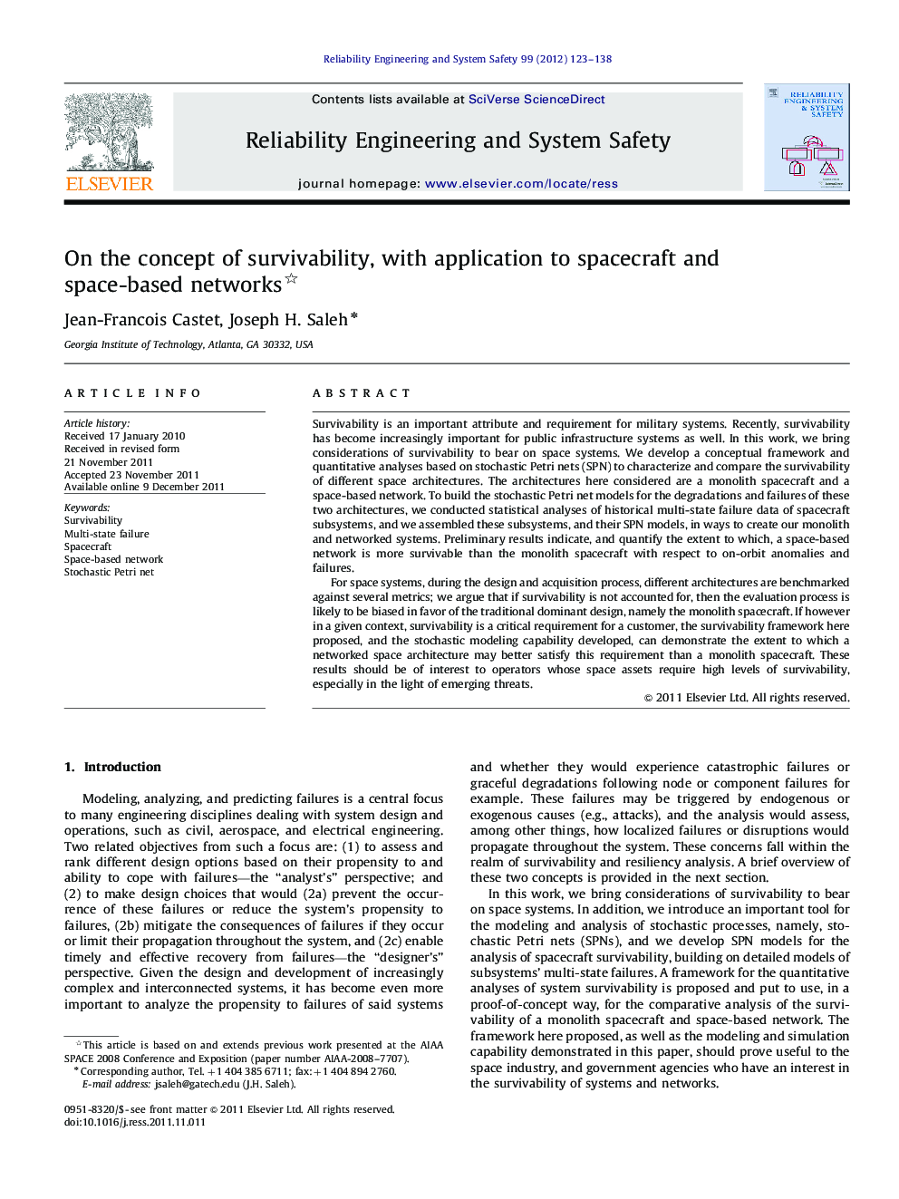 On the concept of survivability, with application to spacecraft and space-based networks 