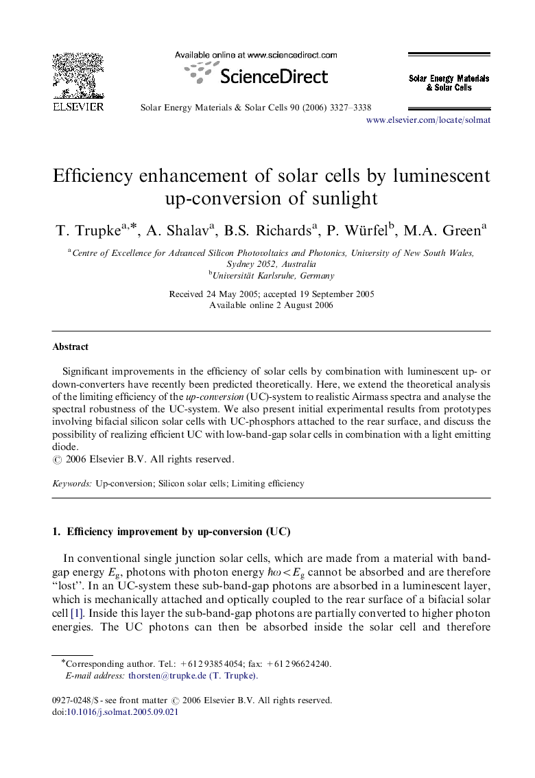 Efficiency enhancement of solar cells by luminescent up-conversion of sunlight