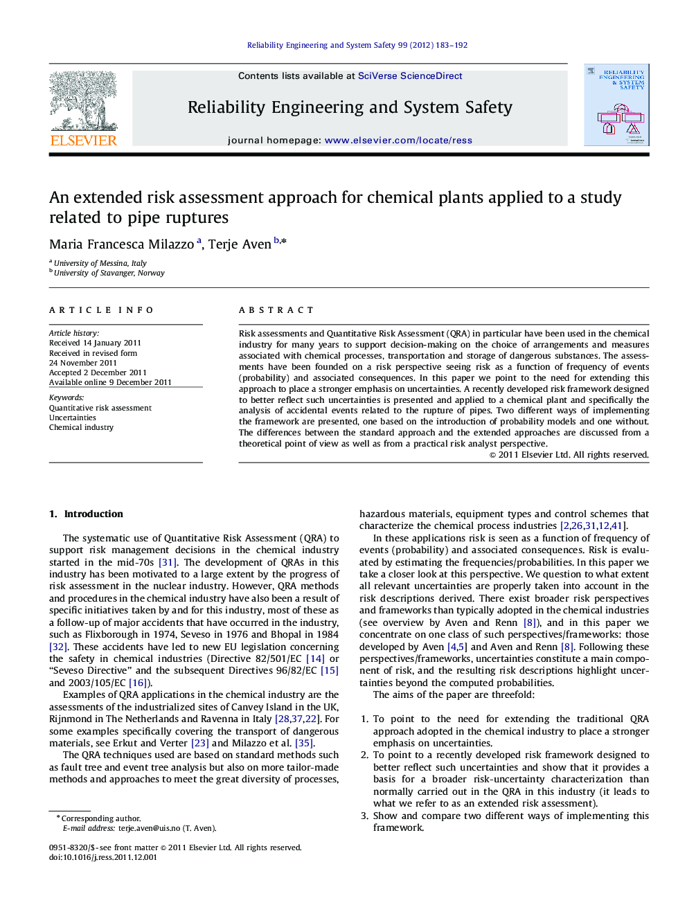 An extended risk assessment approach for chemical plants applied to a study related to pipe ruptures