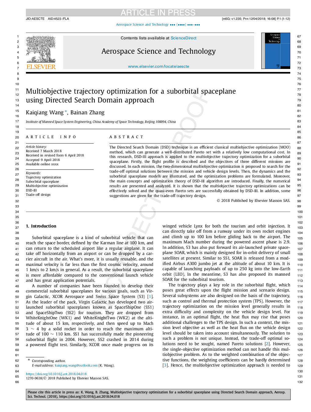 Multiobjective trajectory optimization for a suborbital spaceplane using Directed Search Domain approach