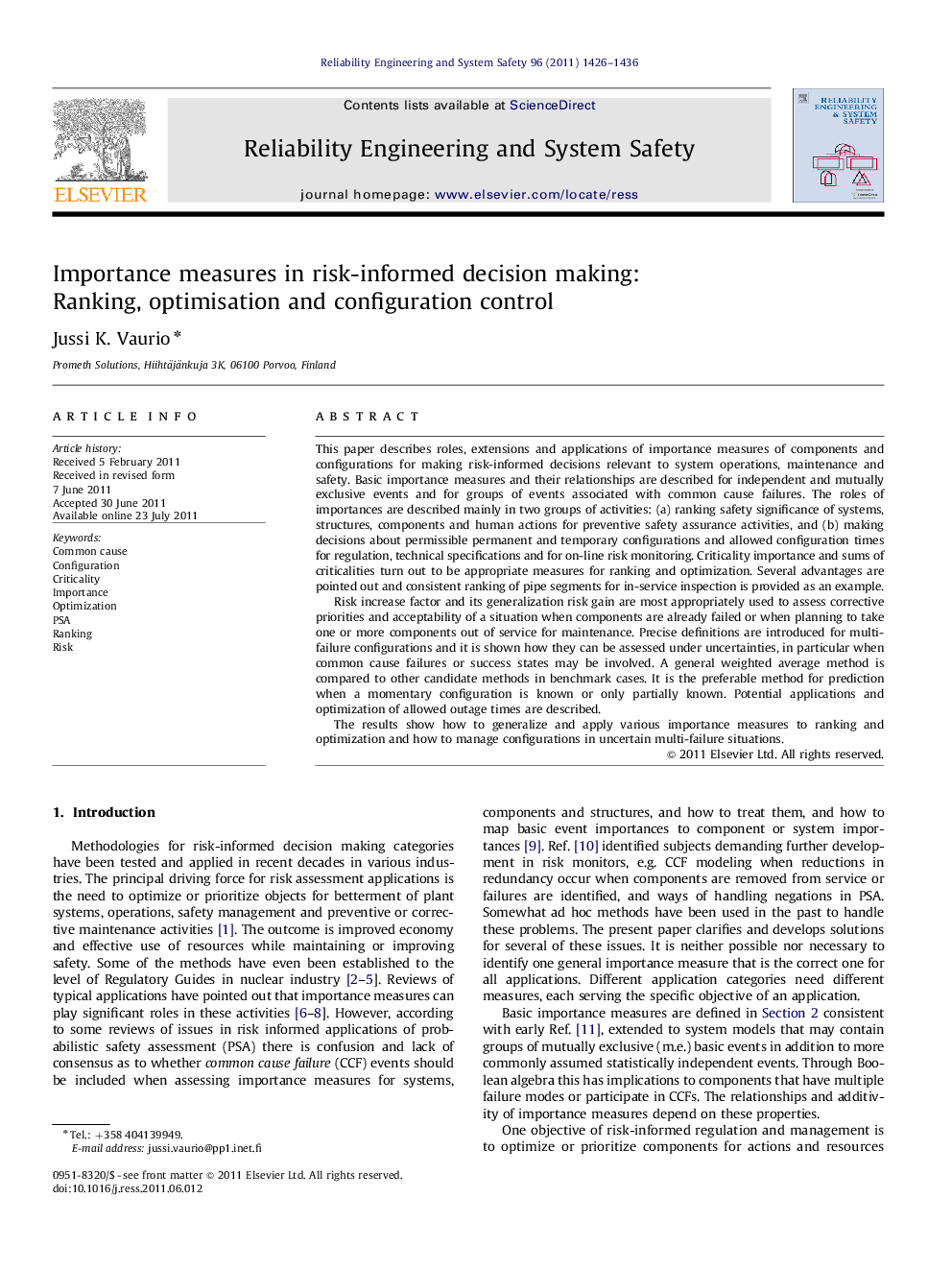 Importance measures in risk-informed decision making: Ranking, optimisation and configuration control