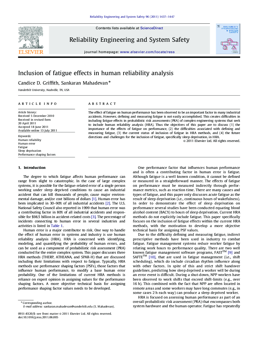 Inclusion of fatigue effects in human reliability analysis