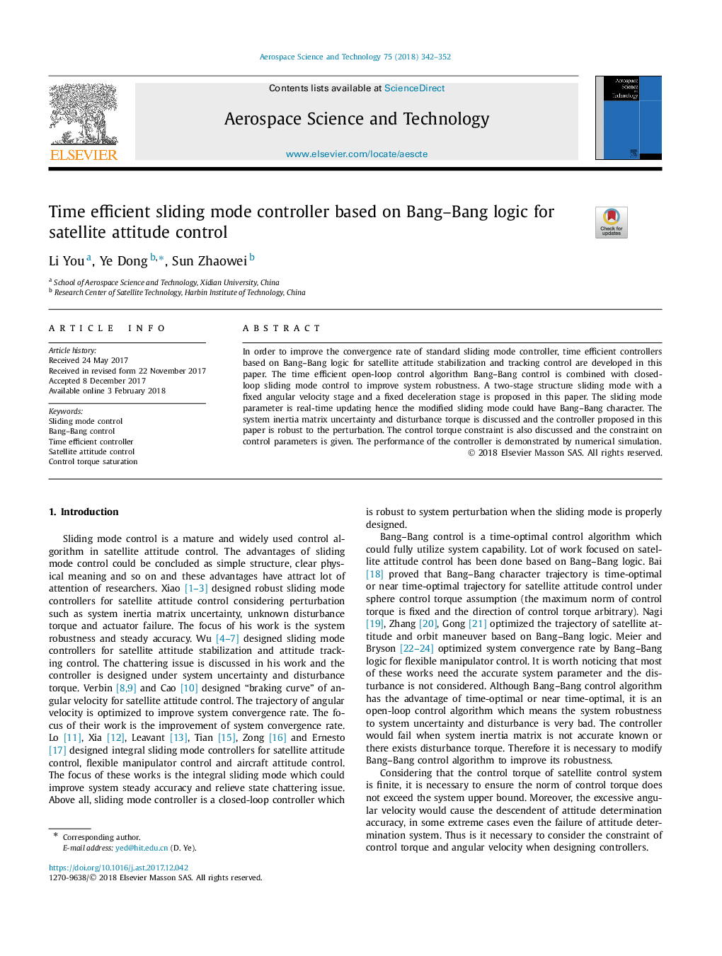 Time efficient sliding mode controller based on Bang-Bang logic for satellite attitude control