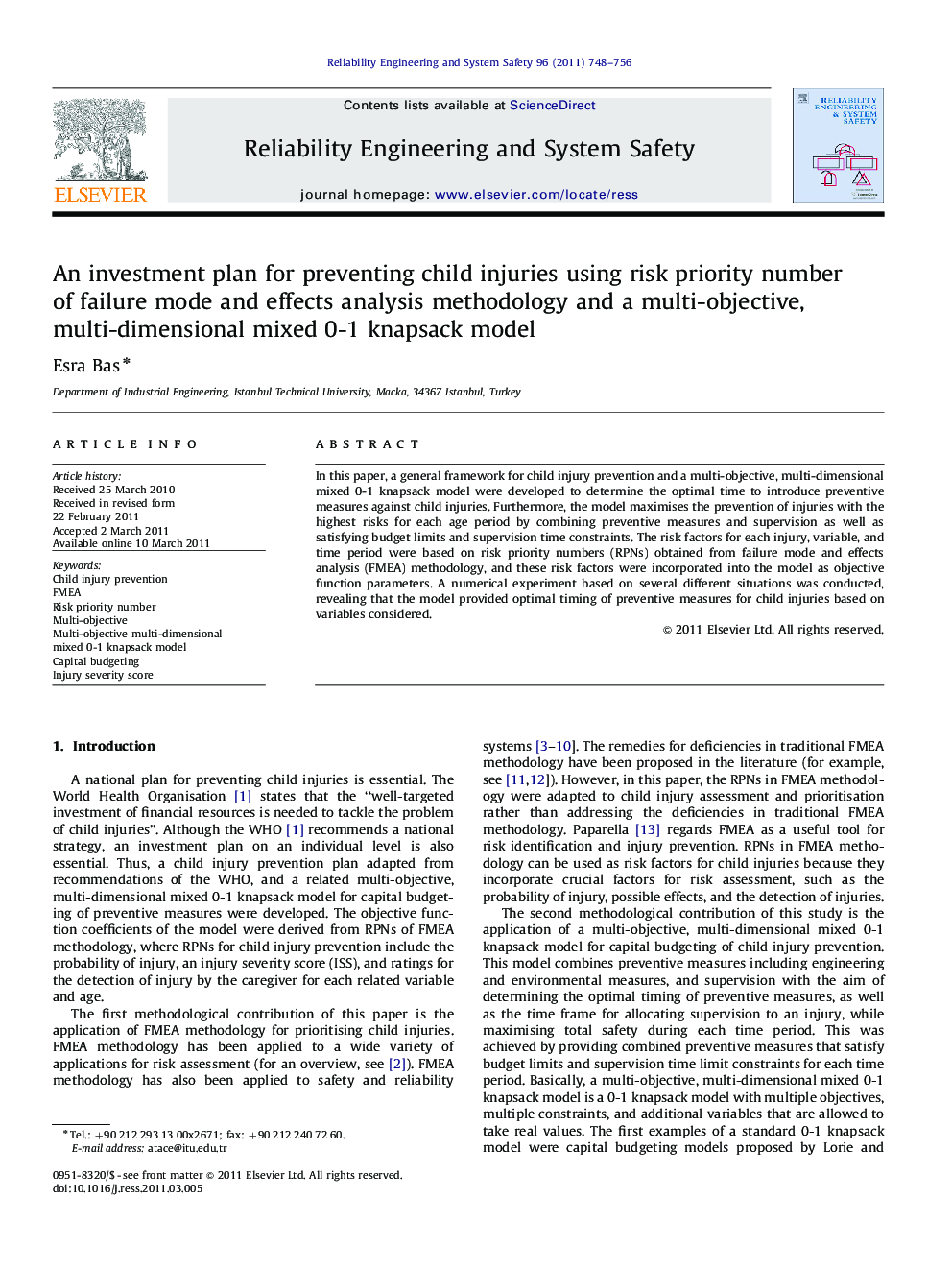 An investment plan for preventing child injuries using risk priority number of failure mode and effects analysis methodology and a multi-objective, multi-dimensional mixed 0-1 knapsack model