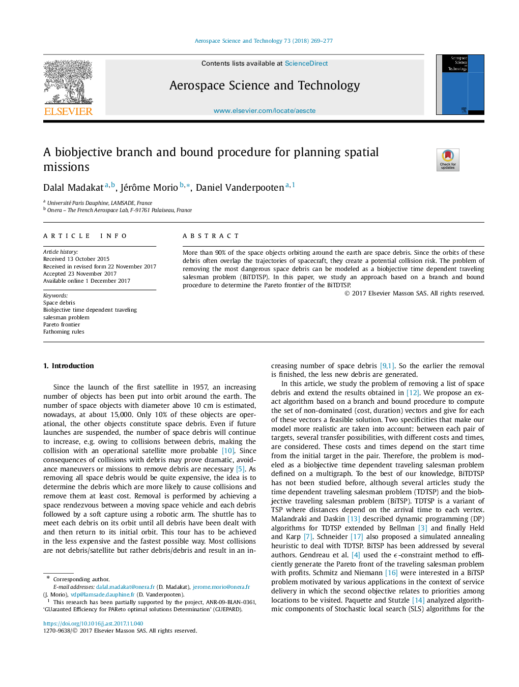 A biobjective branch and bound procedure for planning spatial missions