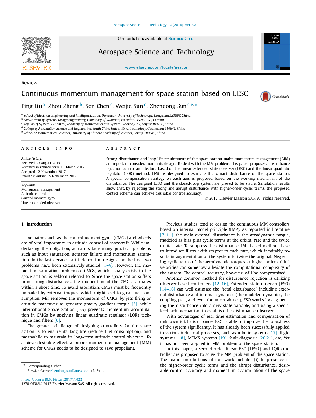 Continuous momentum management for space station based on LESO