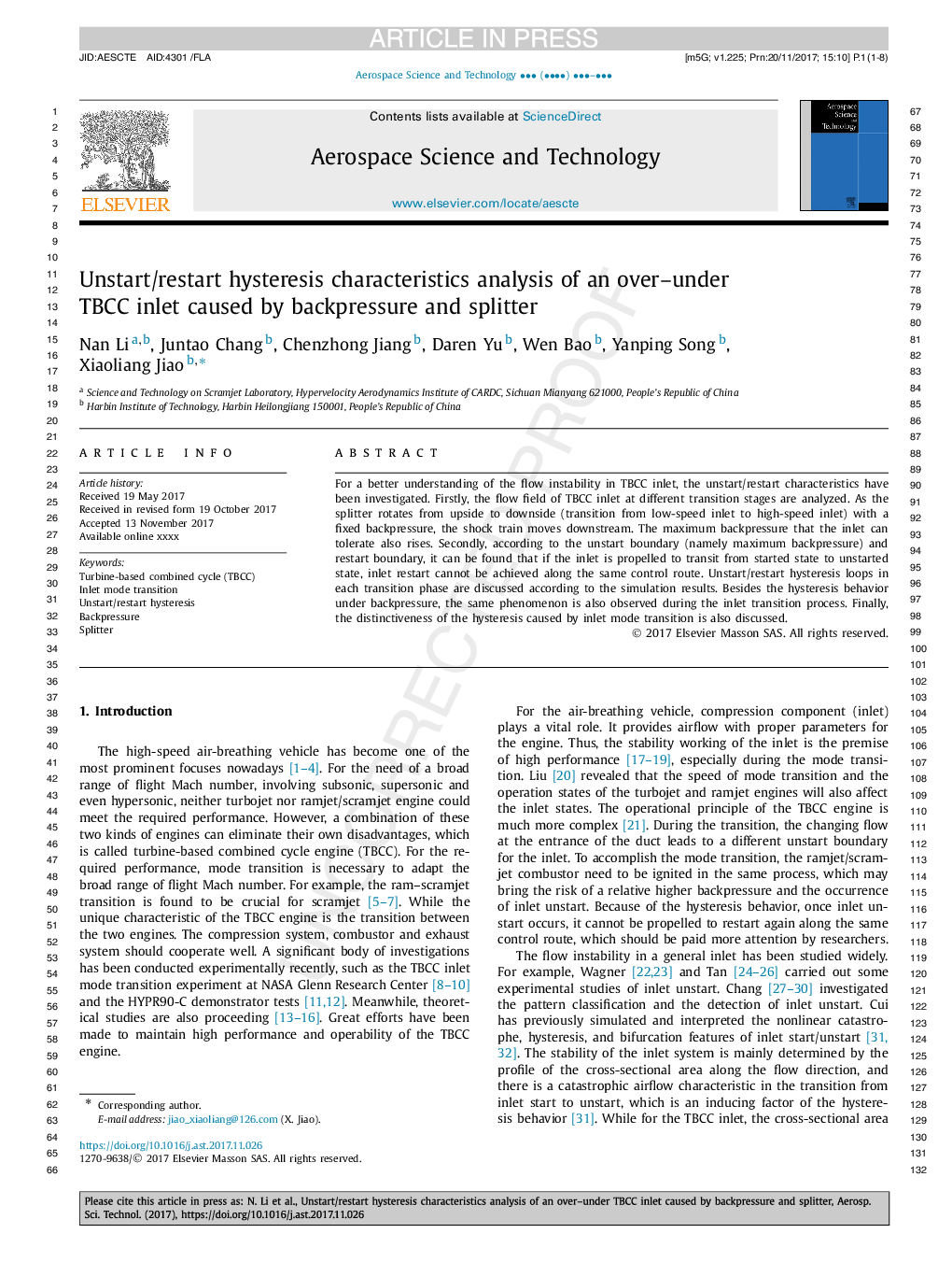 Unstart/restart hysteresis characteristics analysis of an over-under TBCC inlet caused by backpressure and splitter