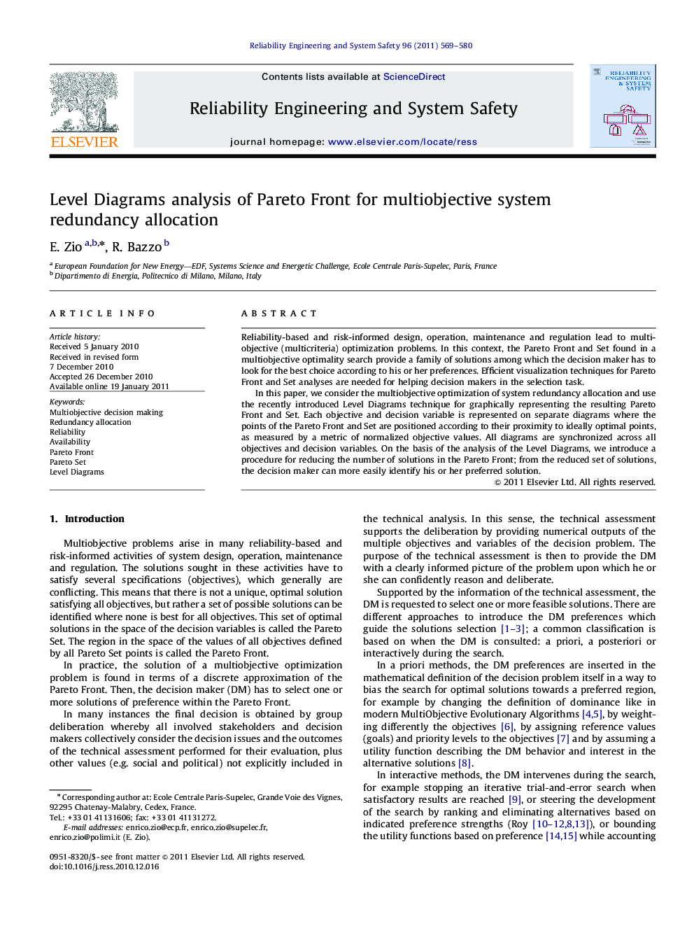 Level Diagrams analysis of Pareto Front for multiobjective system redundancy allocation