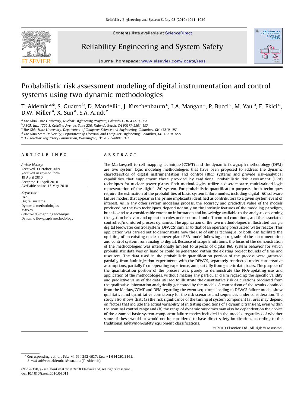 Probabilistic risk assessment modeling of digital instrumentation and control systems using two dynamic methodologies