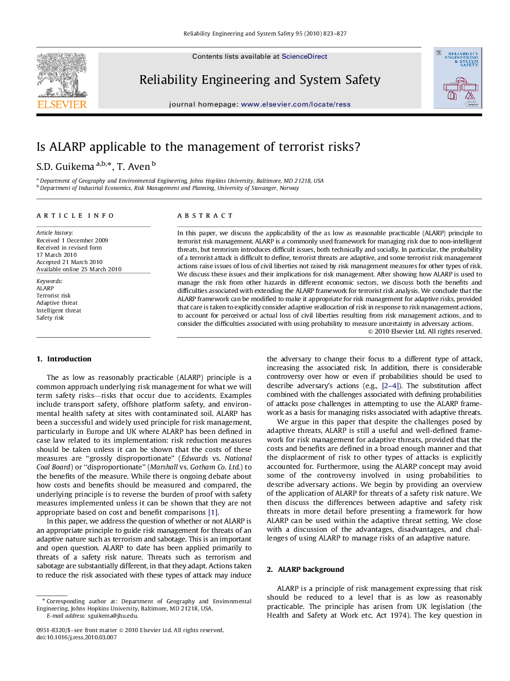 Is ALARP applicable to the management of terrorist risks?