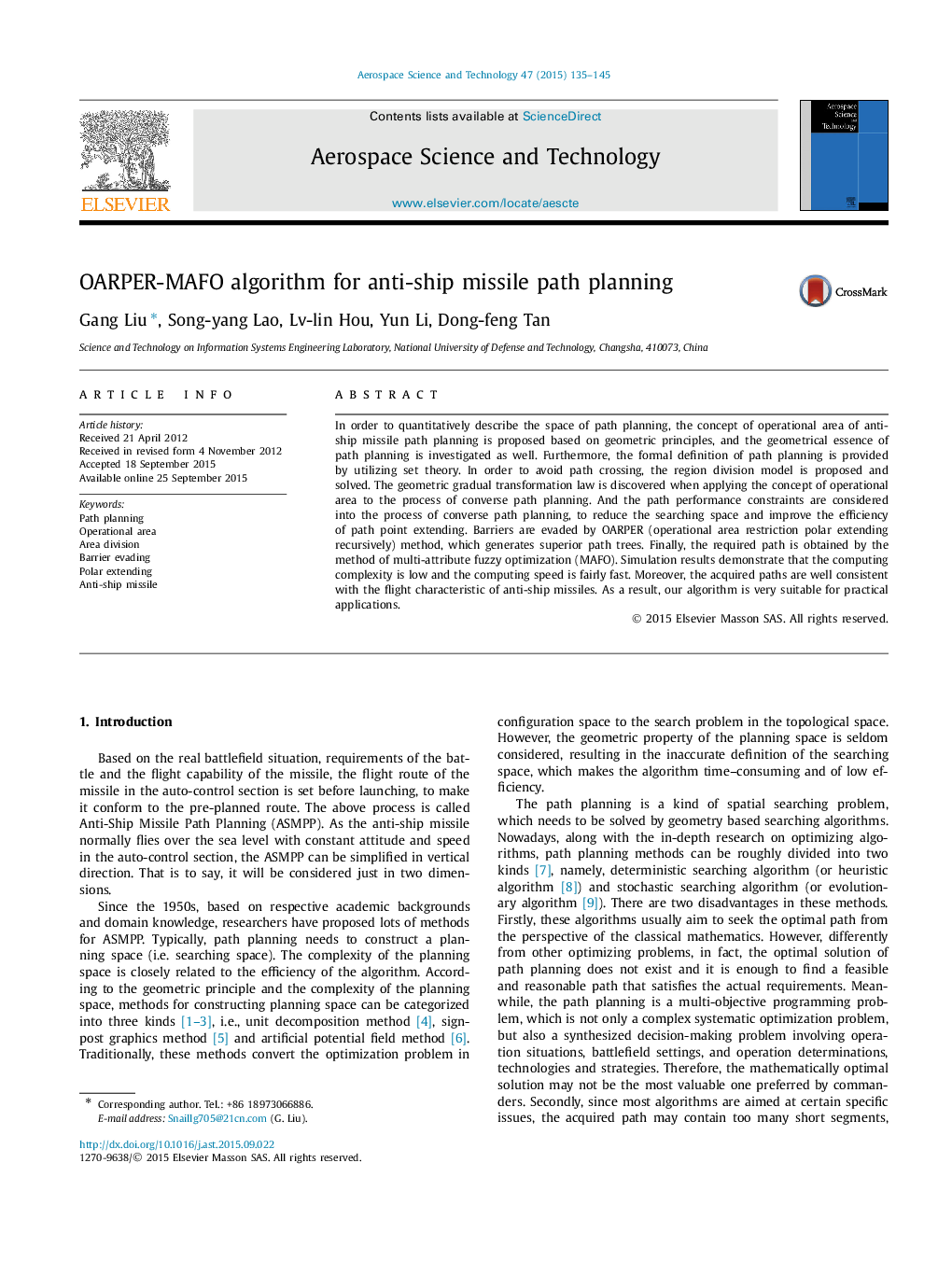 OARPER-MAFO algorithm for anti-ship missile path planning