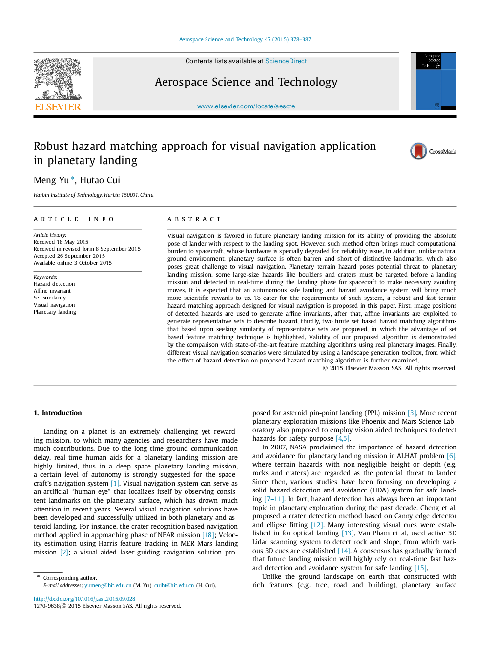 Robust hazard matching approach for visual navigation application in planetary landing