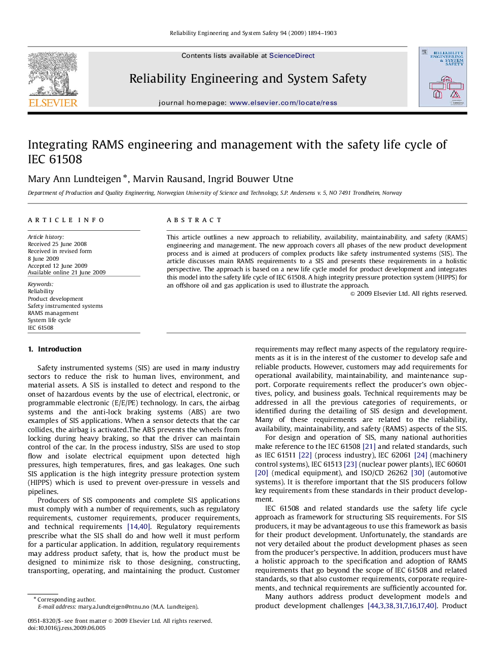 Integrating RAMS engineering and management with the safety life cycle of IEC 61508