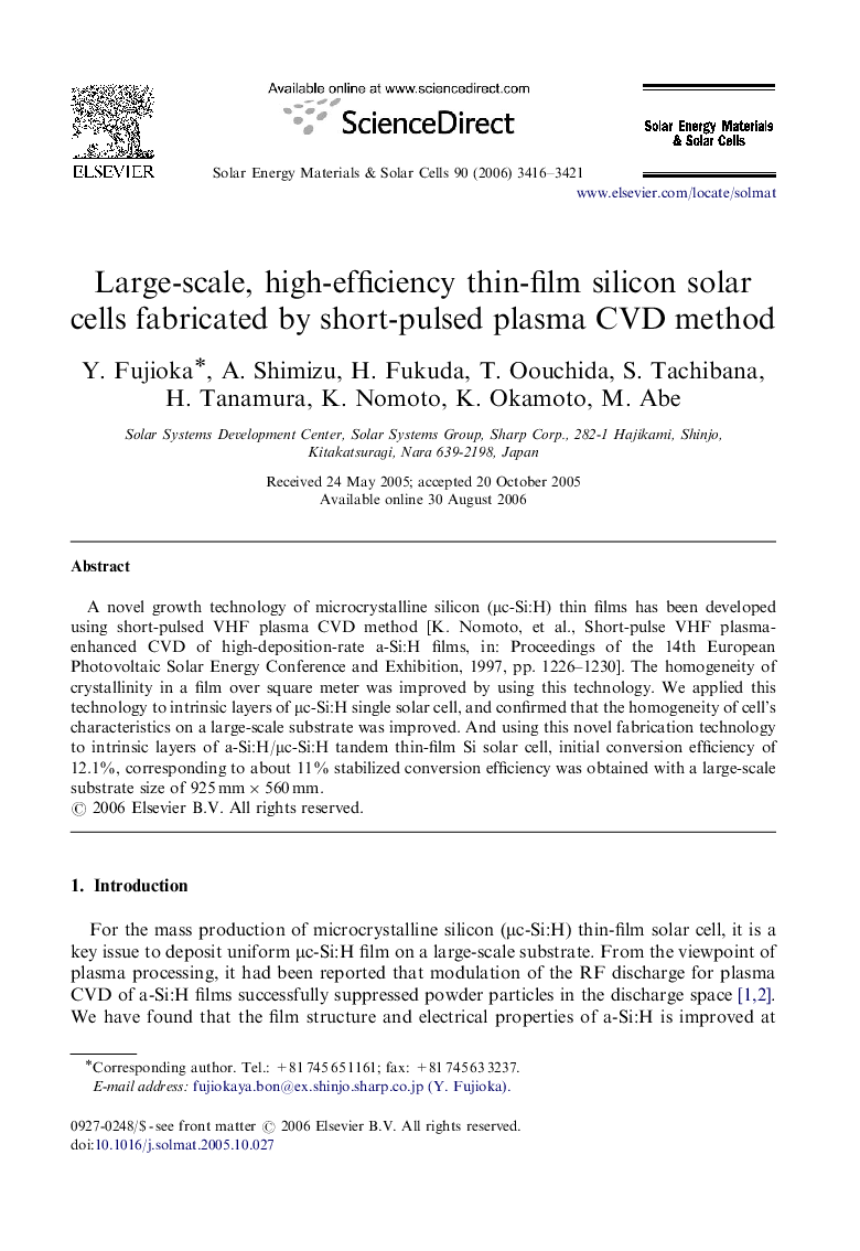 Large-scale, high-efficiency thin-film silicon solar cells fabricated by short-pulsed plasma CVD method