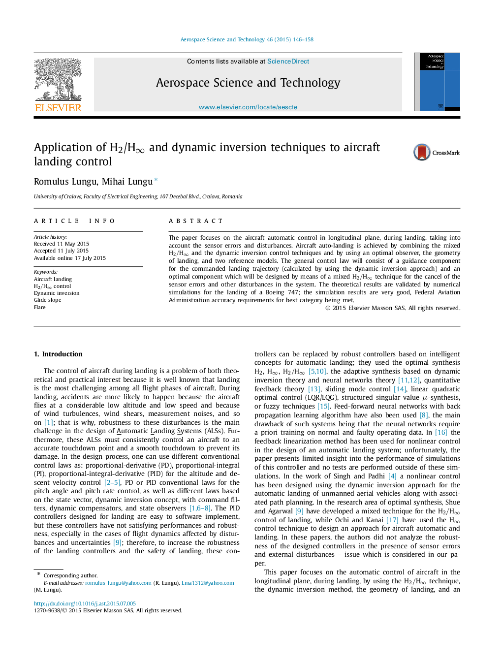 Application of H2/Hâ and dynamic inversion techniques to aircraft landing control