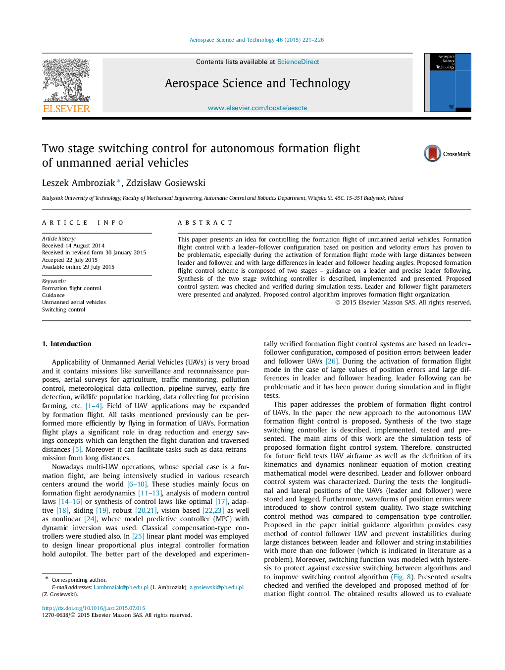 Two stage switching control for autonomous formation flight of unmanned aerial vehicles