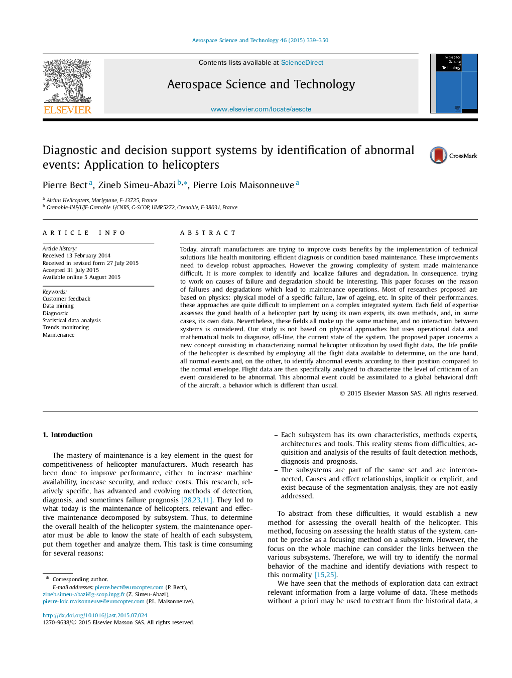 Diagnostic and decision support systems by identification of abnormal events: Application to helicopters