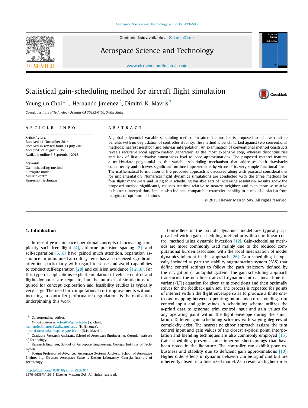 Statistical gain-scheduling method for aircraft flight simulation