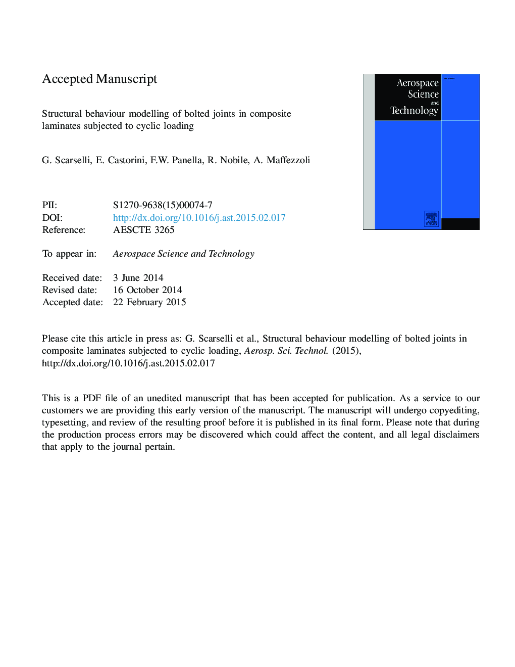 Structural behaviour modelling of bolted joints in composite laminates subjected to cyclic loading