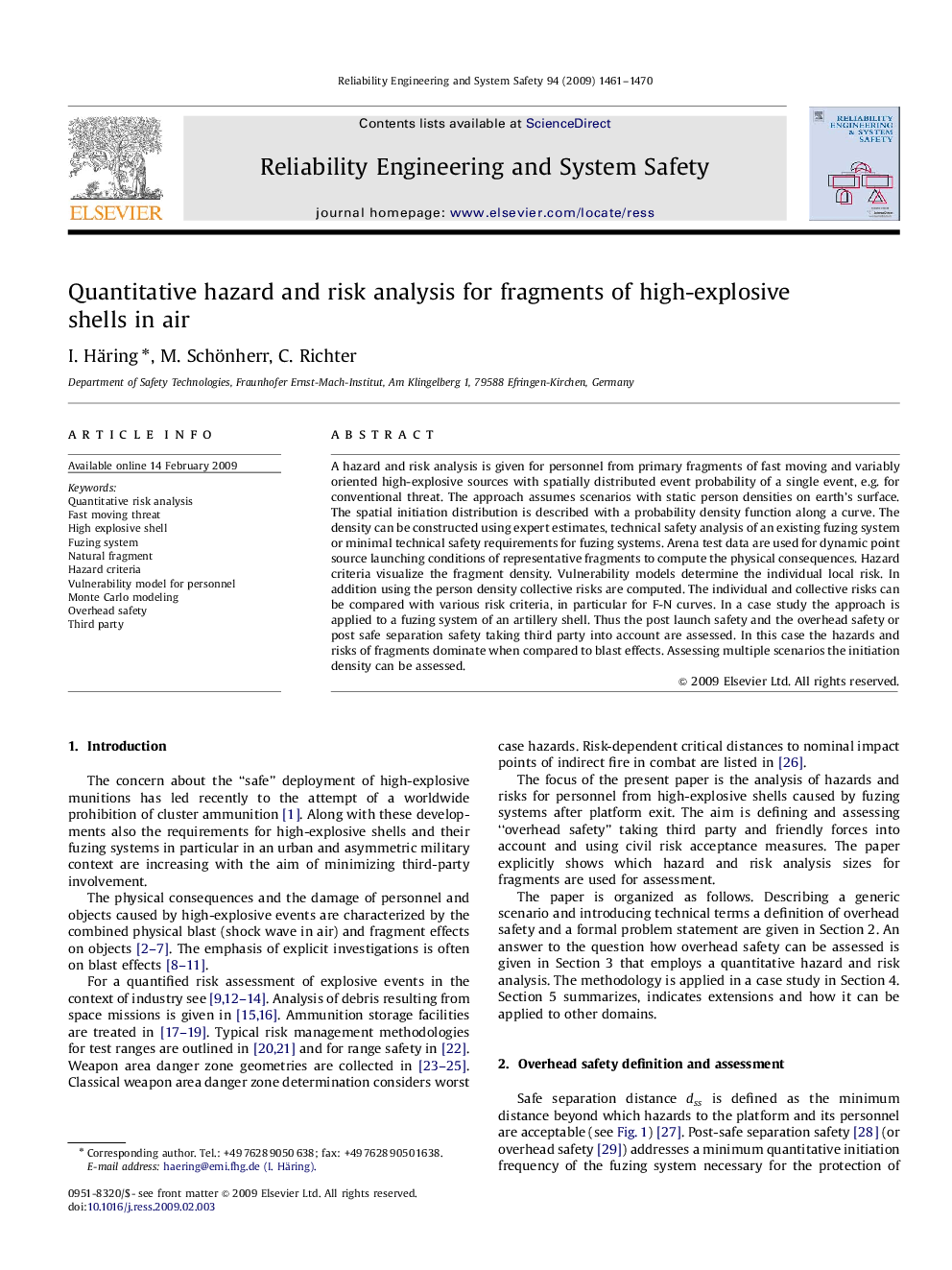 Quantitative hazard and risk analysis for fragments of high-explosive shells in air