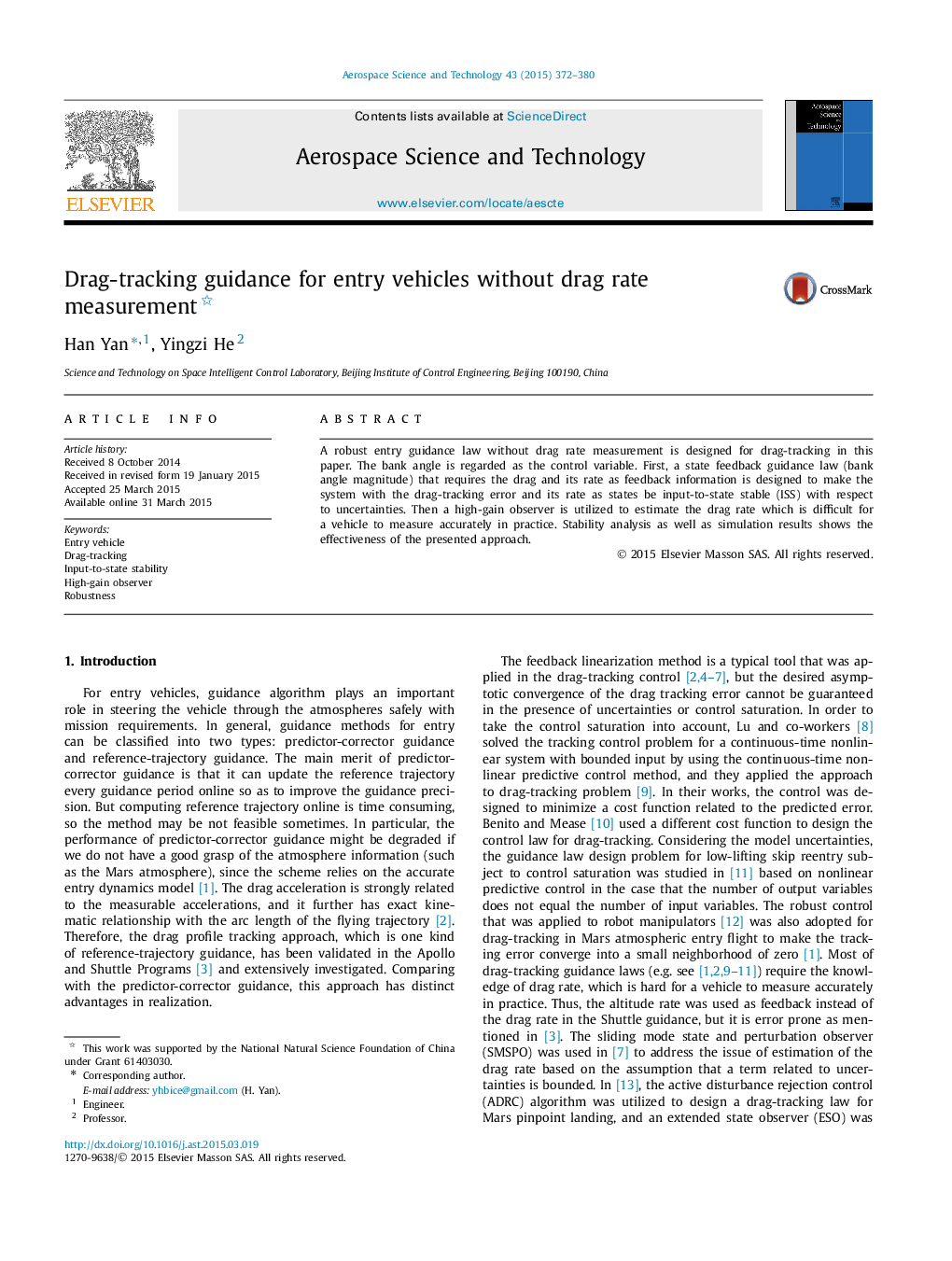 Drag-tracking guidance for entry vehicles without drag rate measurement