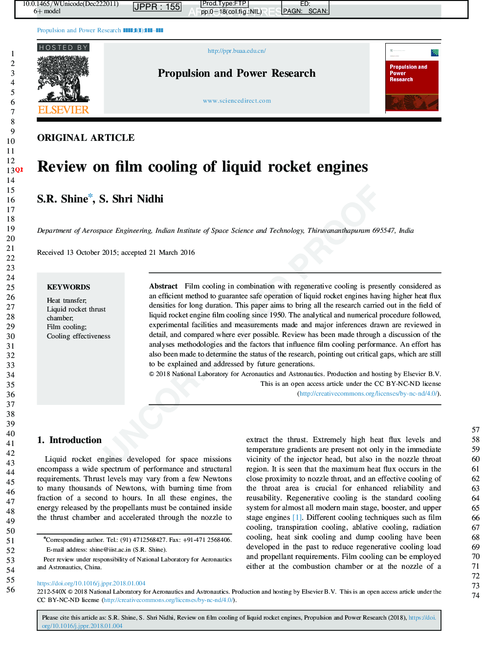Review on film cooling of liquid rocket engines