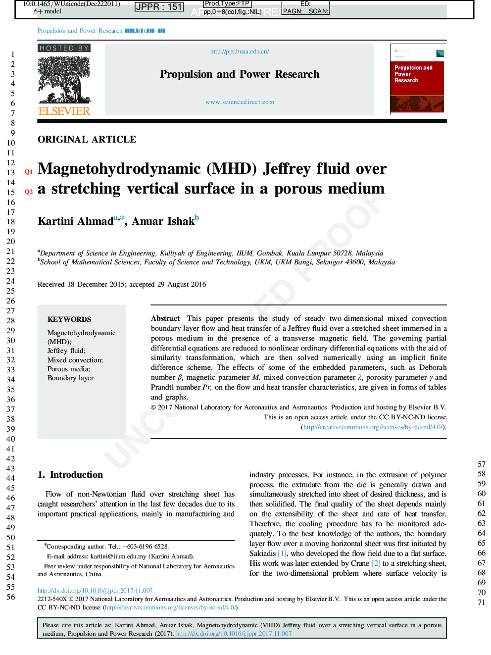 Magnetohydrodynamic (MHD) Jeffrey fluid over a stretching vertical surface in a porous medium