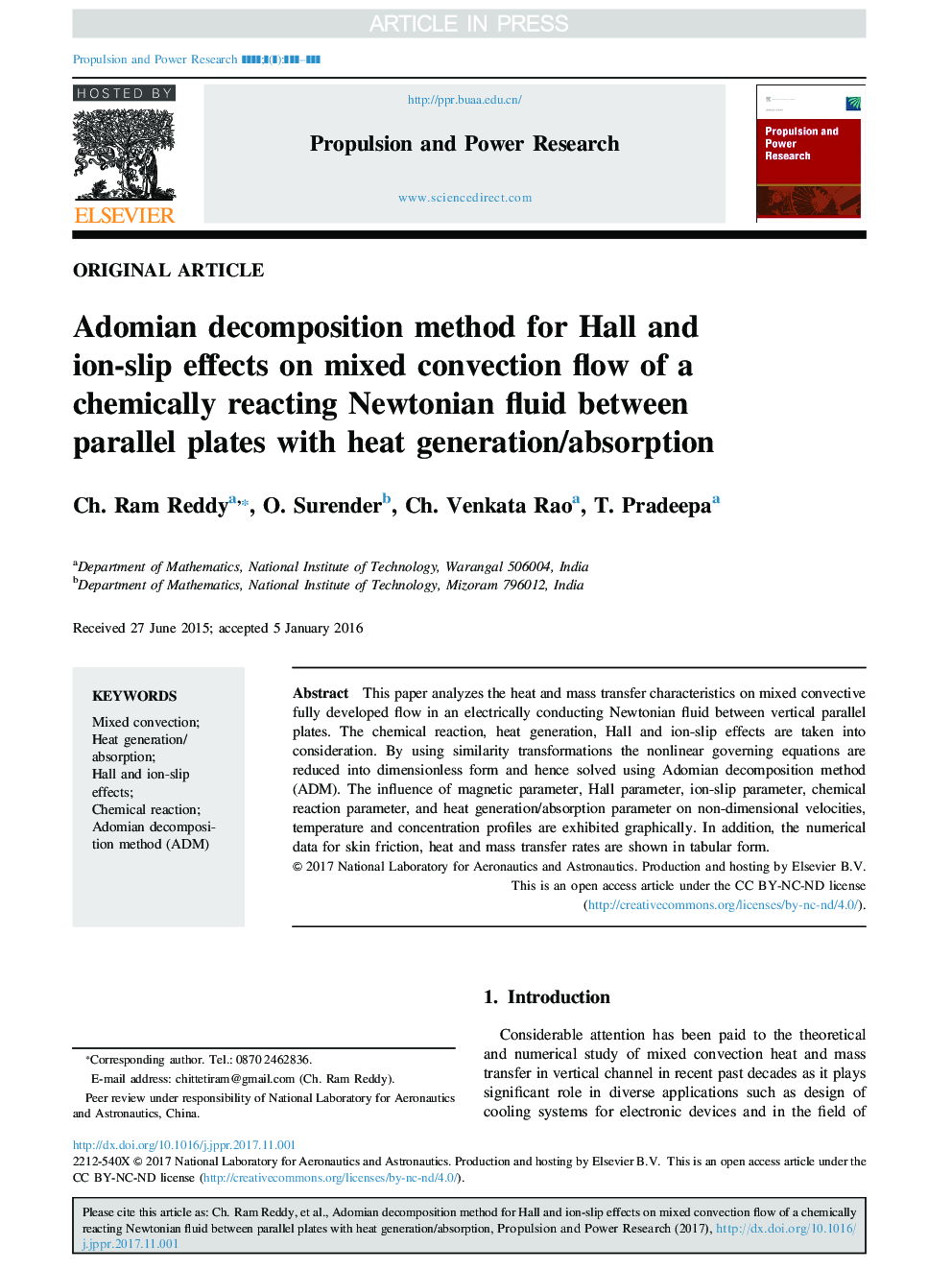 Adomian decomposition method for Hall and ion-slip effects on mixed convection flow of a chemically reacting Newtonian fluid between parallel plates with heat generation/absorption