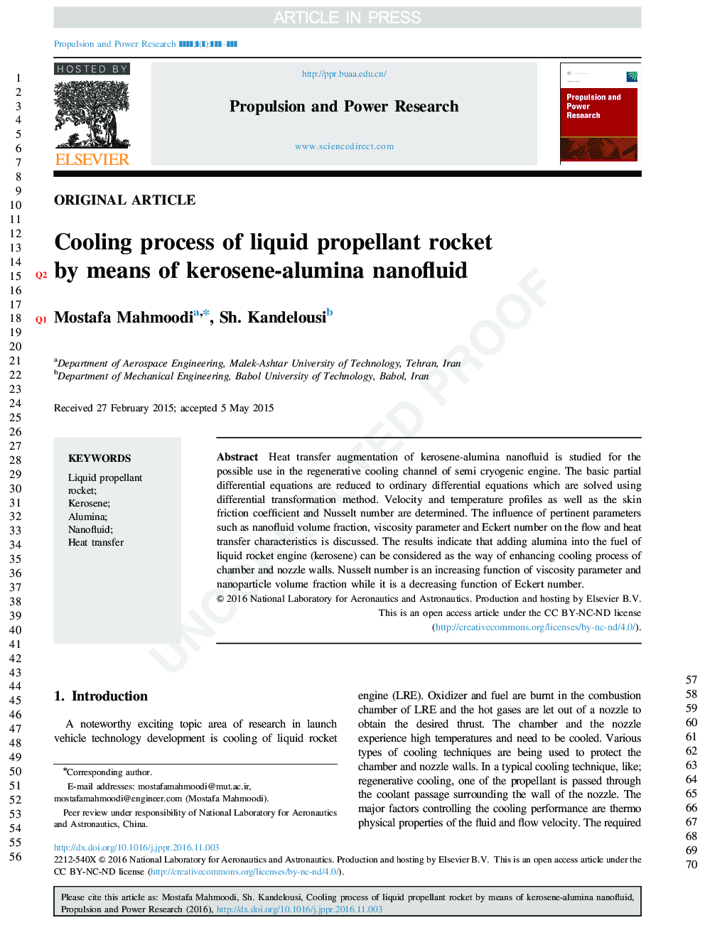 Cooling process of liquid propellant rocket by means of kerosene-alumina nanofluid