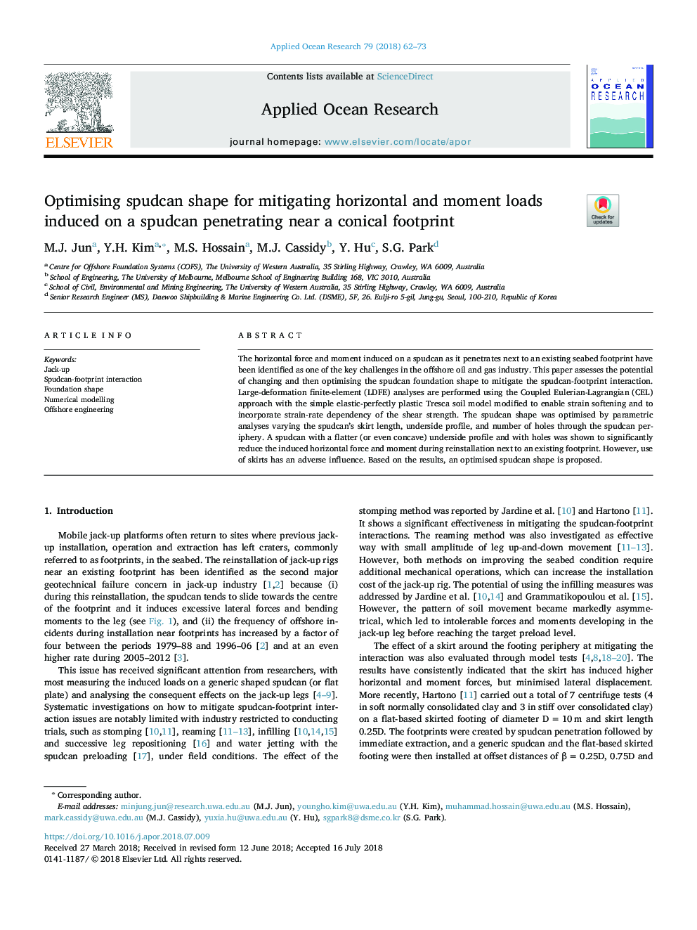 Optimising spudcan shape for mitigating horizontal and moment loads induced on a spudcan penetrating near a conical footprint