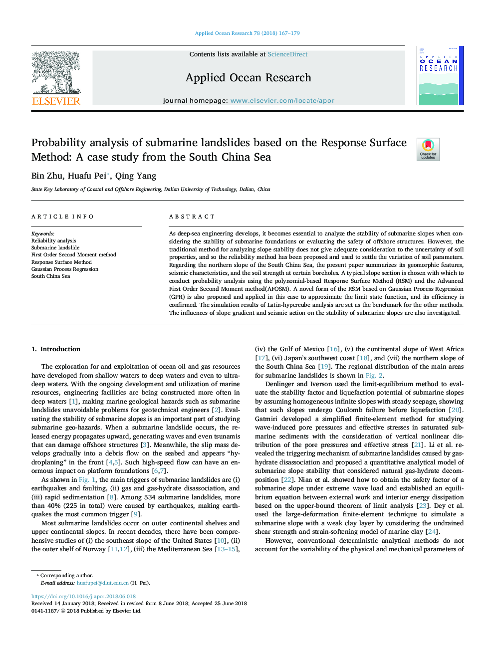 Probability analysis of submarine landslides based on the Response Surface Method: A case study from the South China Sea
