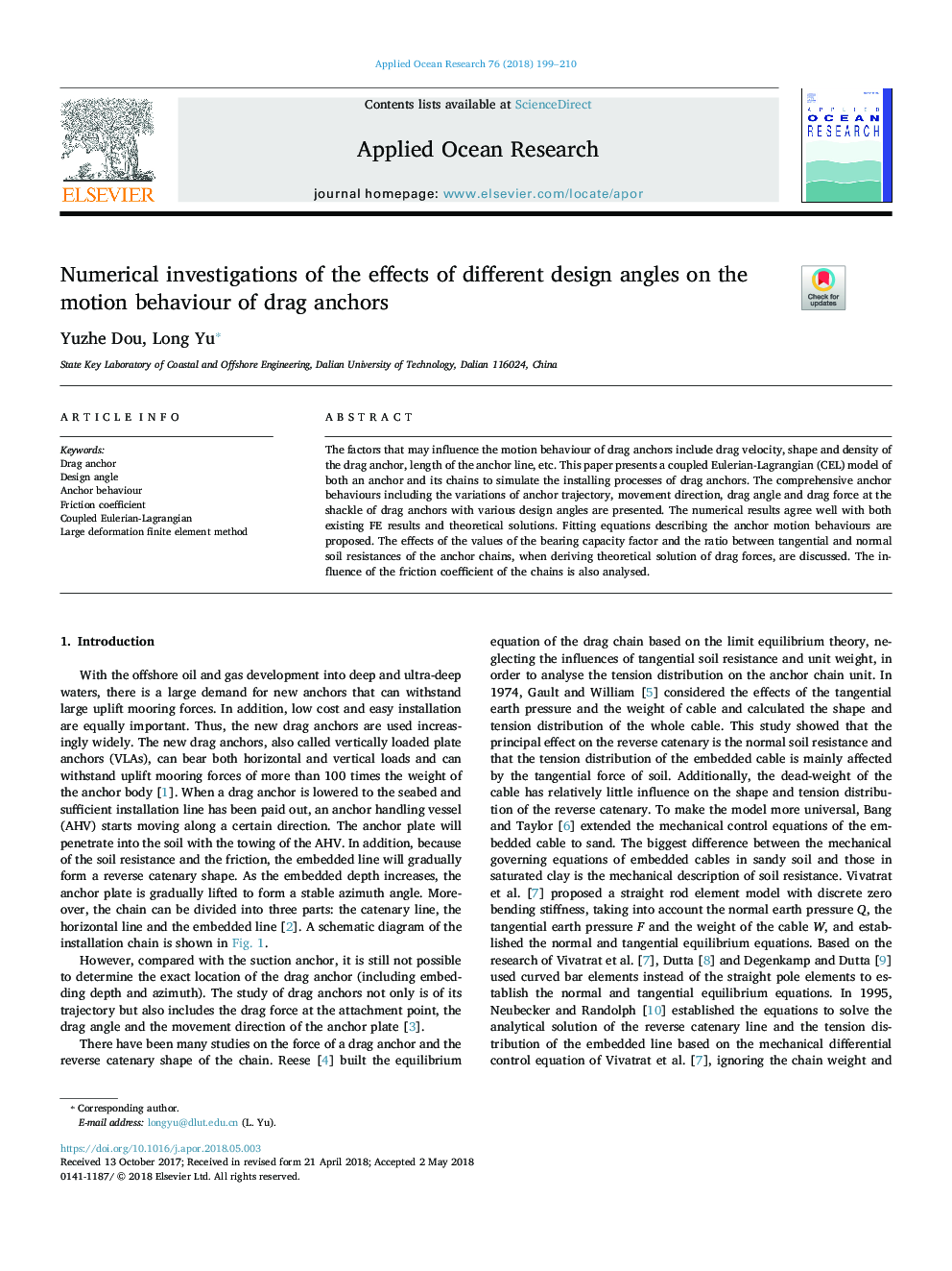 Numerical investigations of the effects of different design angles on the motion behaviour of drag anchors