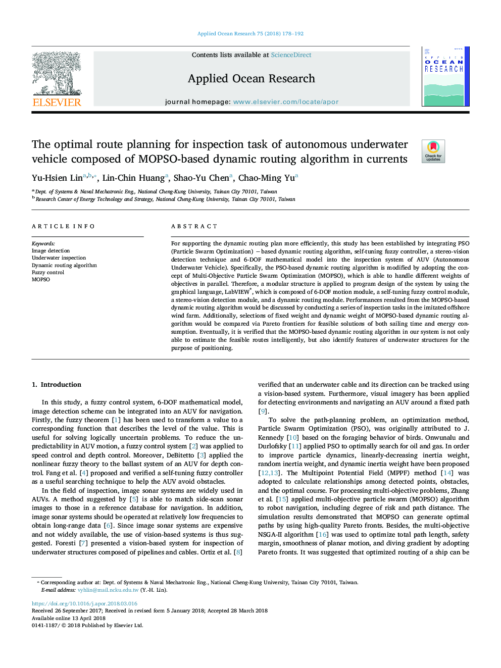 The optimal route planning for inspection task of autonomous underwater vehicle composed of MOPSO-based dynamic routing algorithm in currents