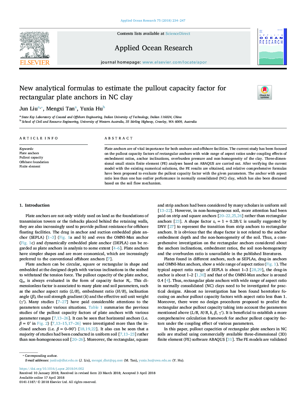 New analytical formulas to estimate the pullout capacity factor for rectangular plate anchors in NC clay