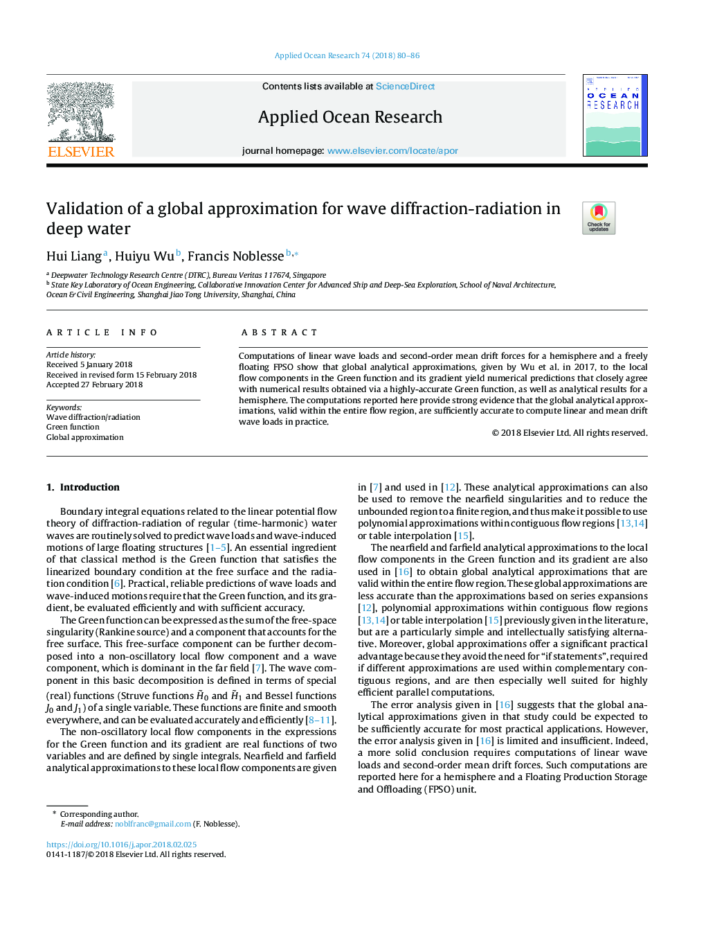 Validation of a global approximation for wave diffraction-radiation in deep water