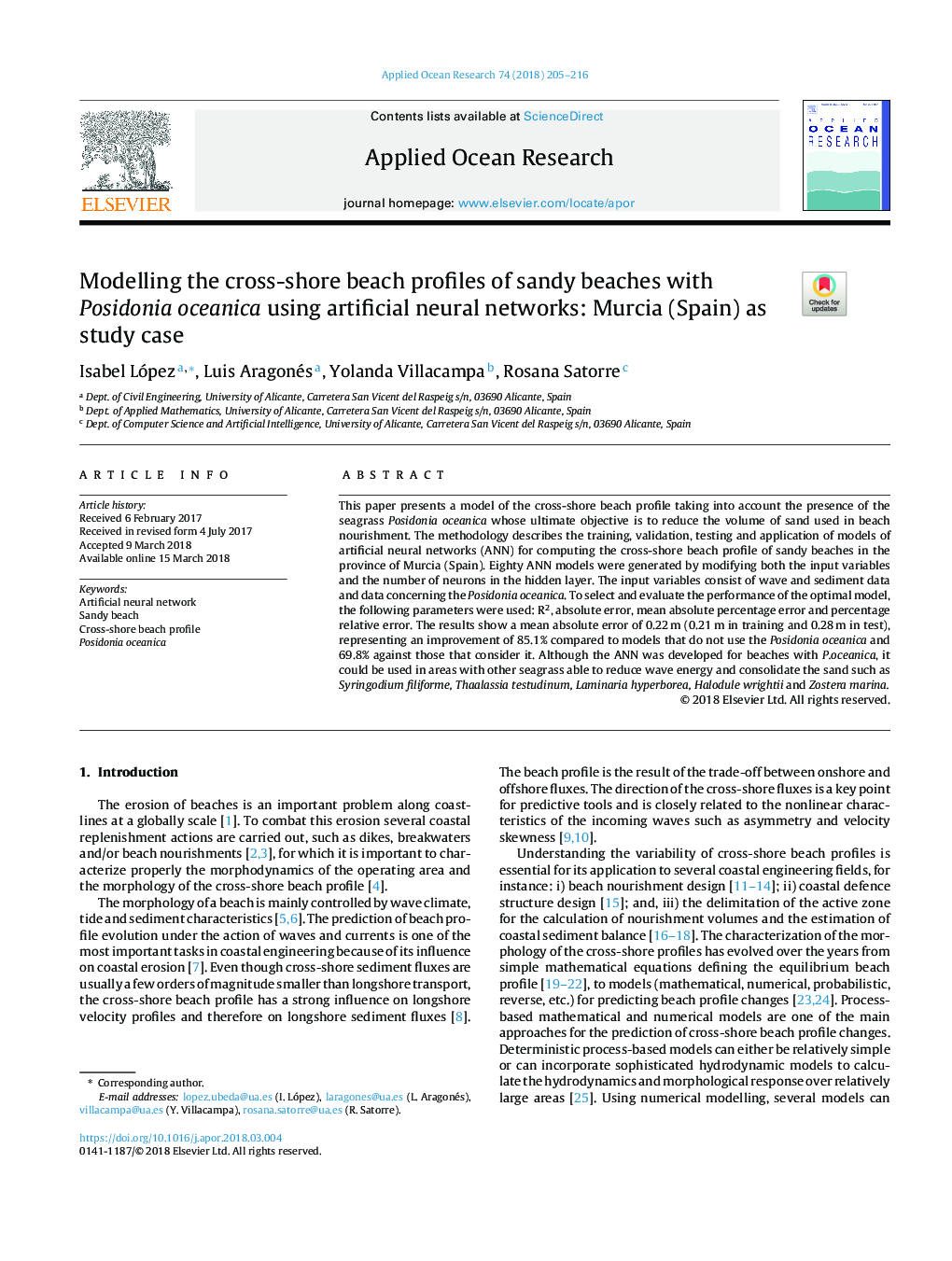 Modelling the cross-shore beach profiles of sandy beaches with Posidonia oceanica using artificial neural networks: Murcia (Spain) as study case