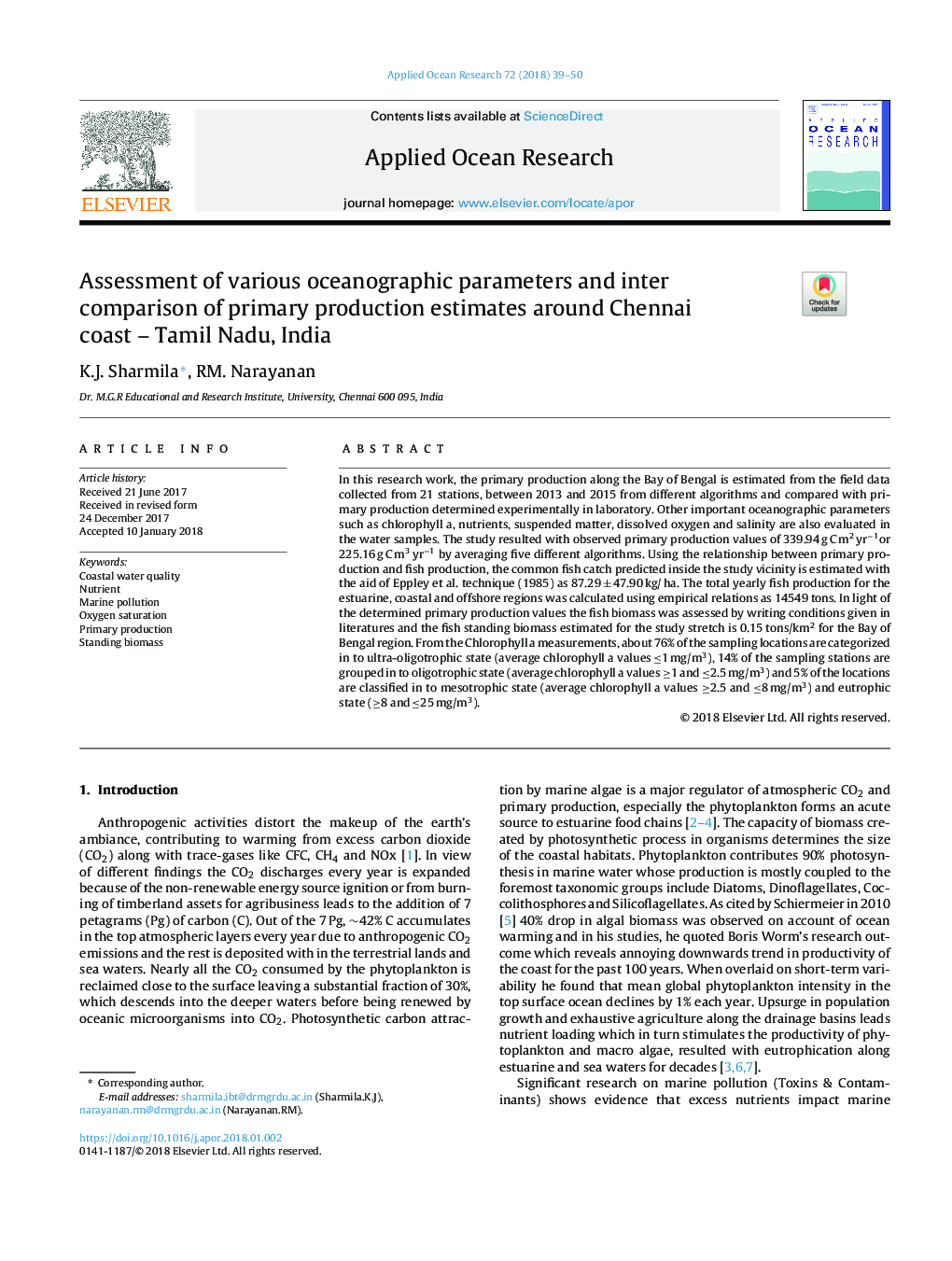ارزیابی پارامترهای مختلف اقیانوس شناختی و مقایسه بین تولید اولیه در اطراف سواحل چنای - تامیل نادو، هند 