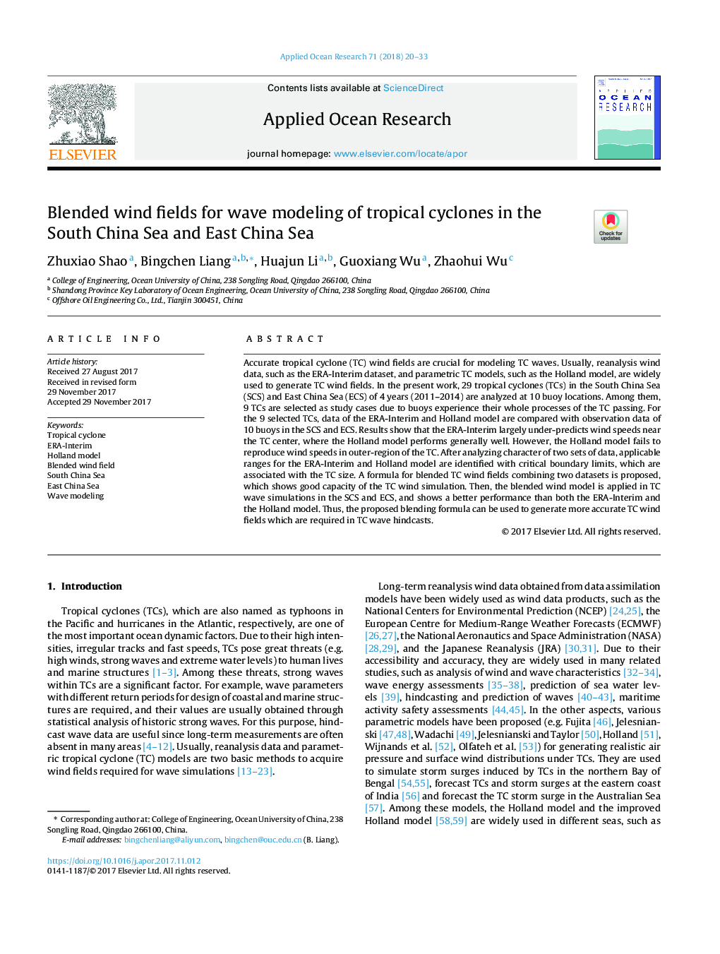 Blended wind fields for wave modeling of tropical cyclones in the South China Sea and East China Sea