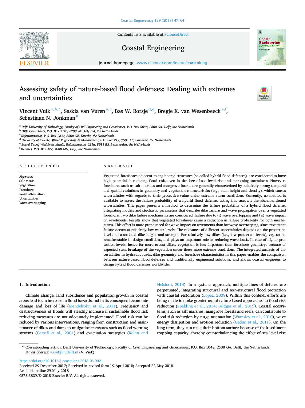 Assessing safety of nature-based flood defenses: Dealing with extremes and uncertainties