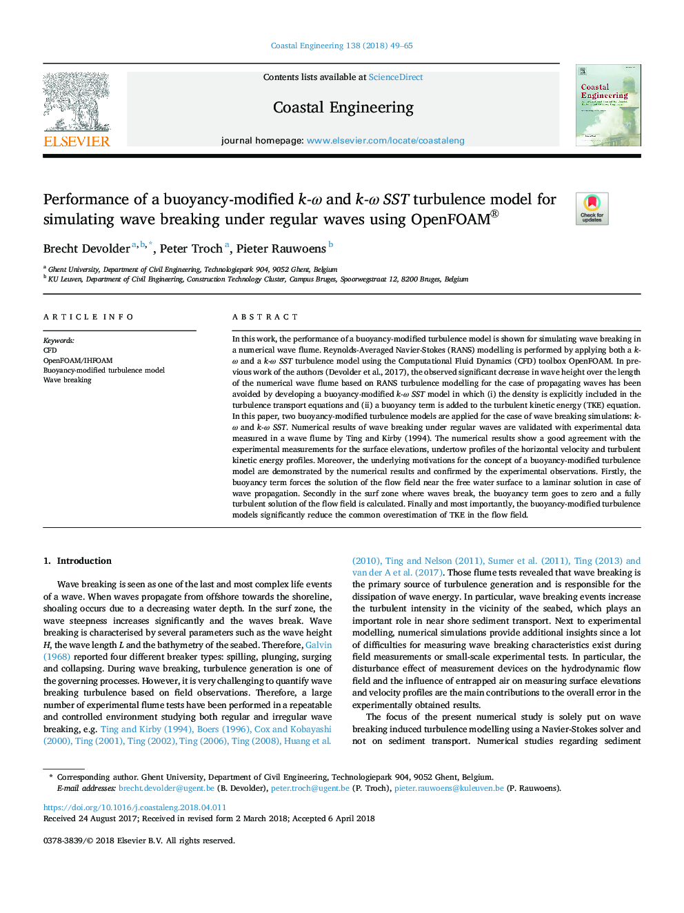 Performance of a buoyancy-modified k-Ï and k-Ï SST turbulence model for simulating wave breaking under regular waves using OpenFOAM®