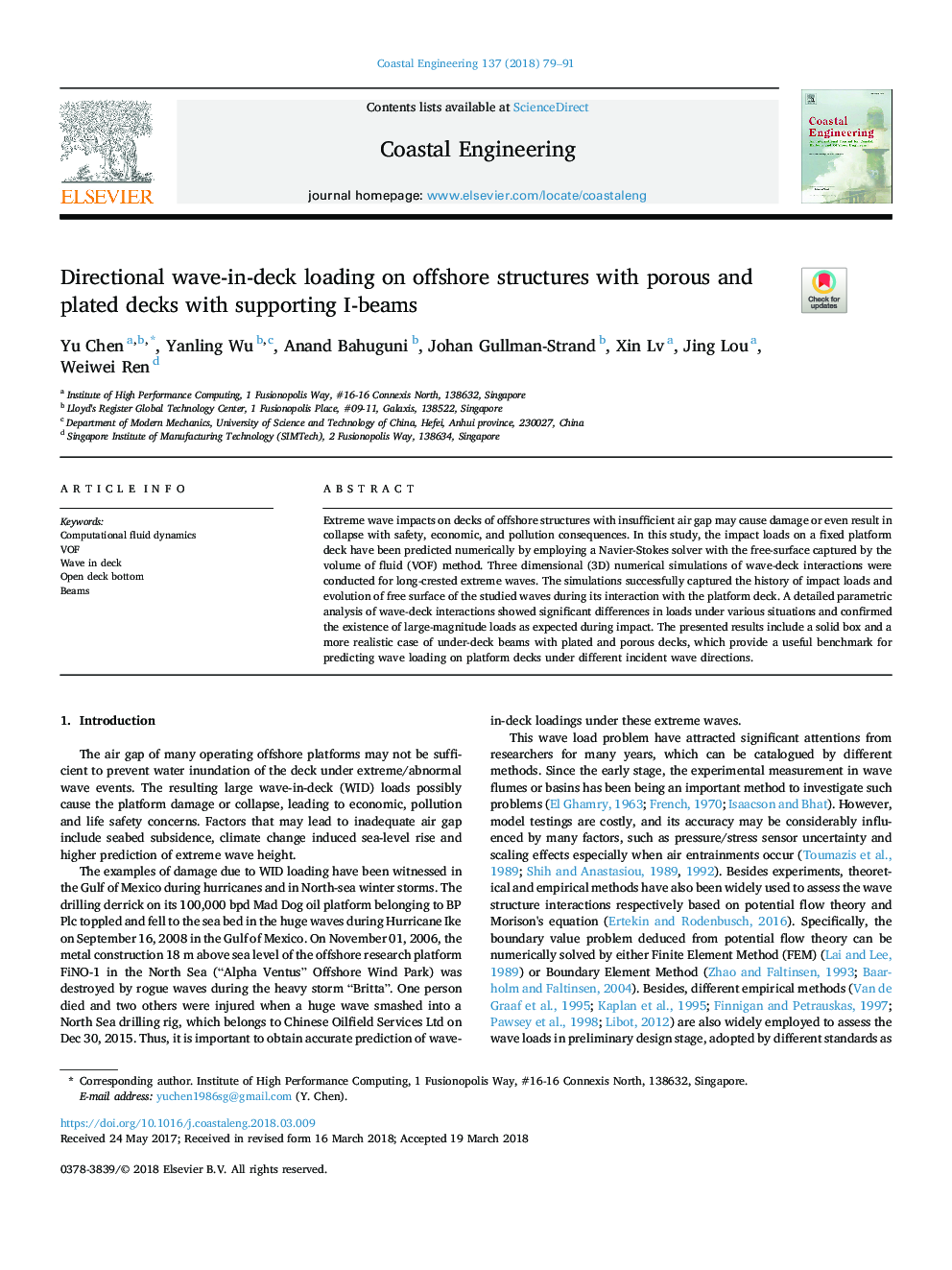 Directional wave-in-deck loading on offshore structures with porous and plated decks with supporting I-beams