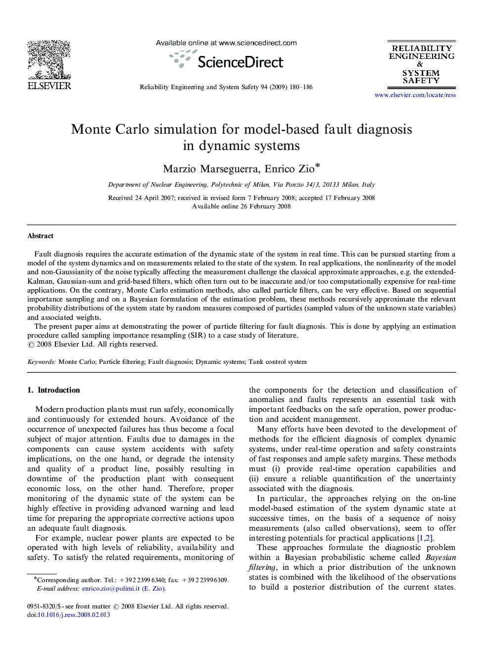 Monte Carlo simulation for model-based fault diagnosis in dynamic systems