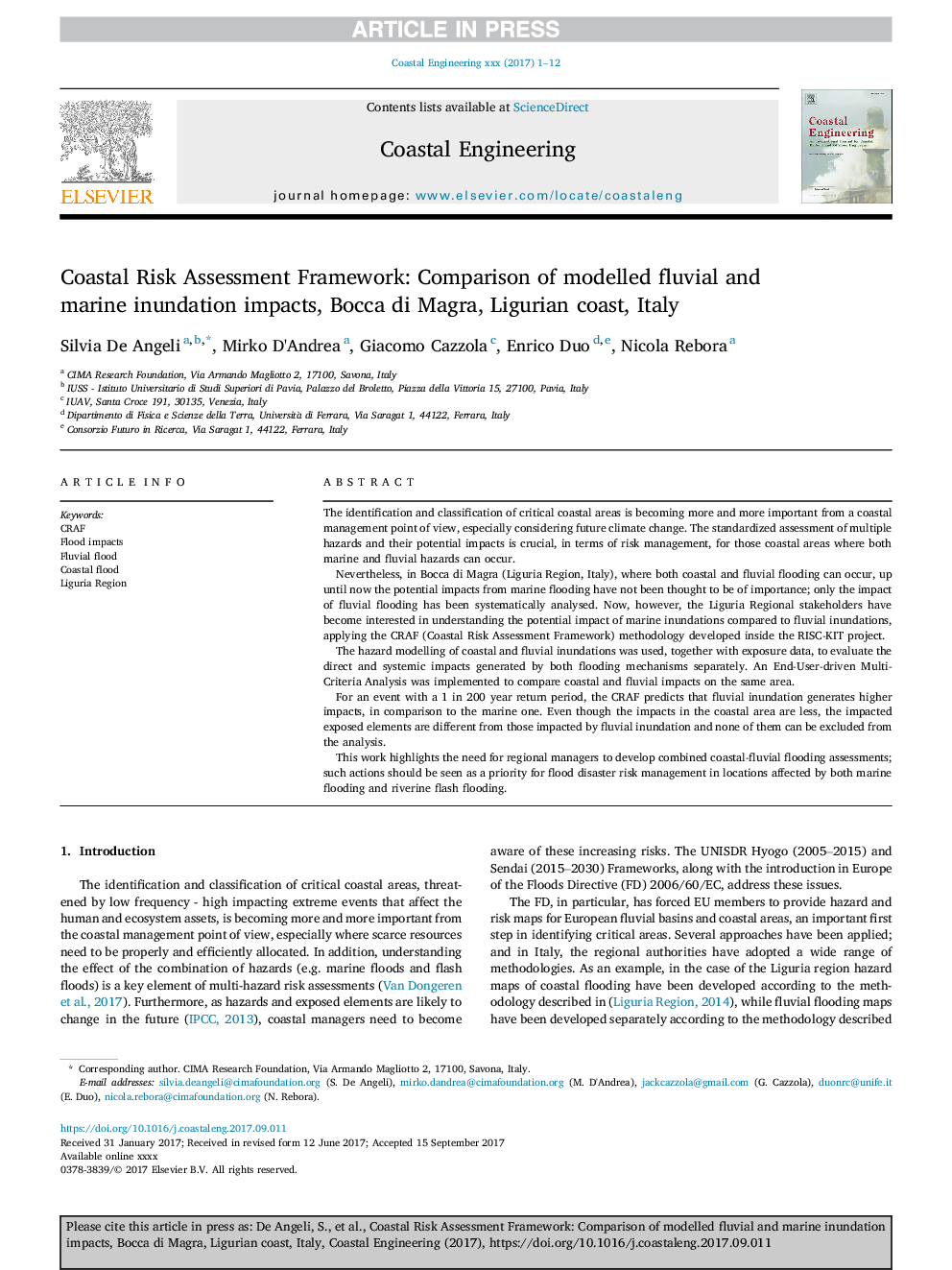 Coastal Risk Assessment Framework: Comparison of modelled fluvial and marine inundation impacts, Bocca di Magra, Ligurian coast, Italy