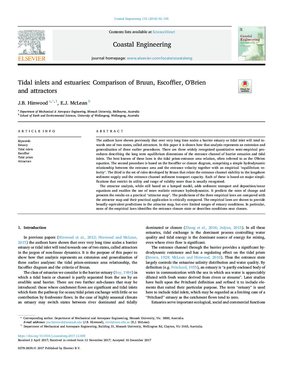 Tidal inlets and estuaries: Comparison of Bruun, Escoffier, O'Brien and attractors